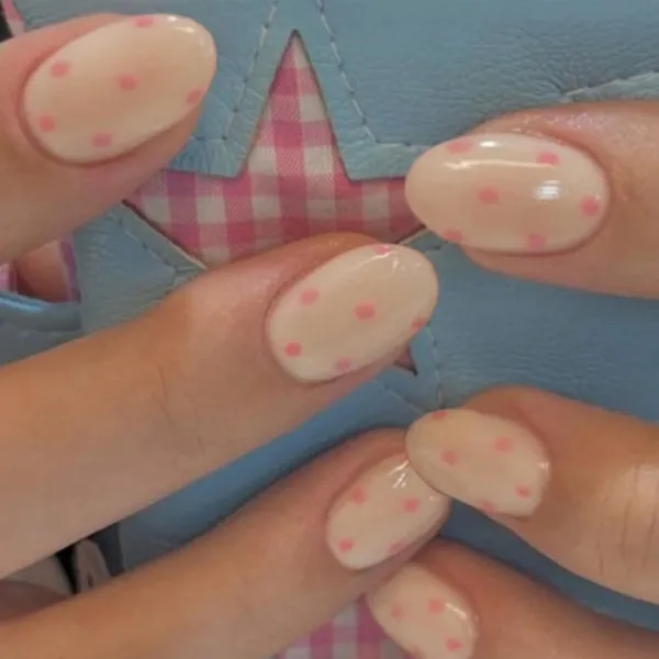 Nailhour 30Pcs Vintage Medium Oval Sweet Pink Polka Dot Press On Nails