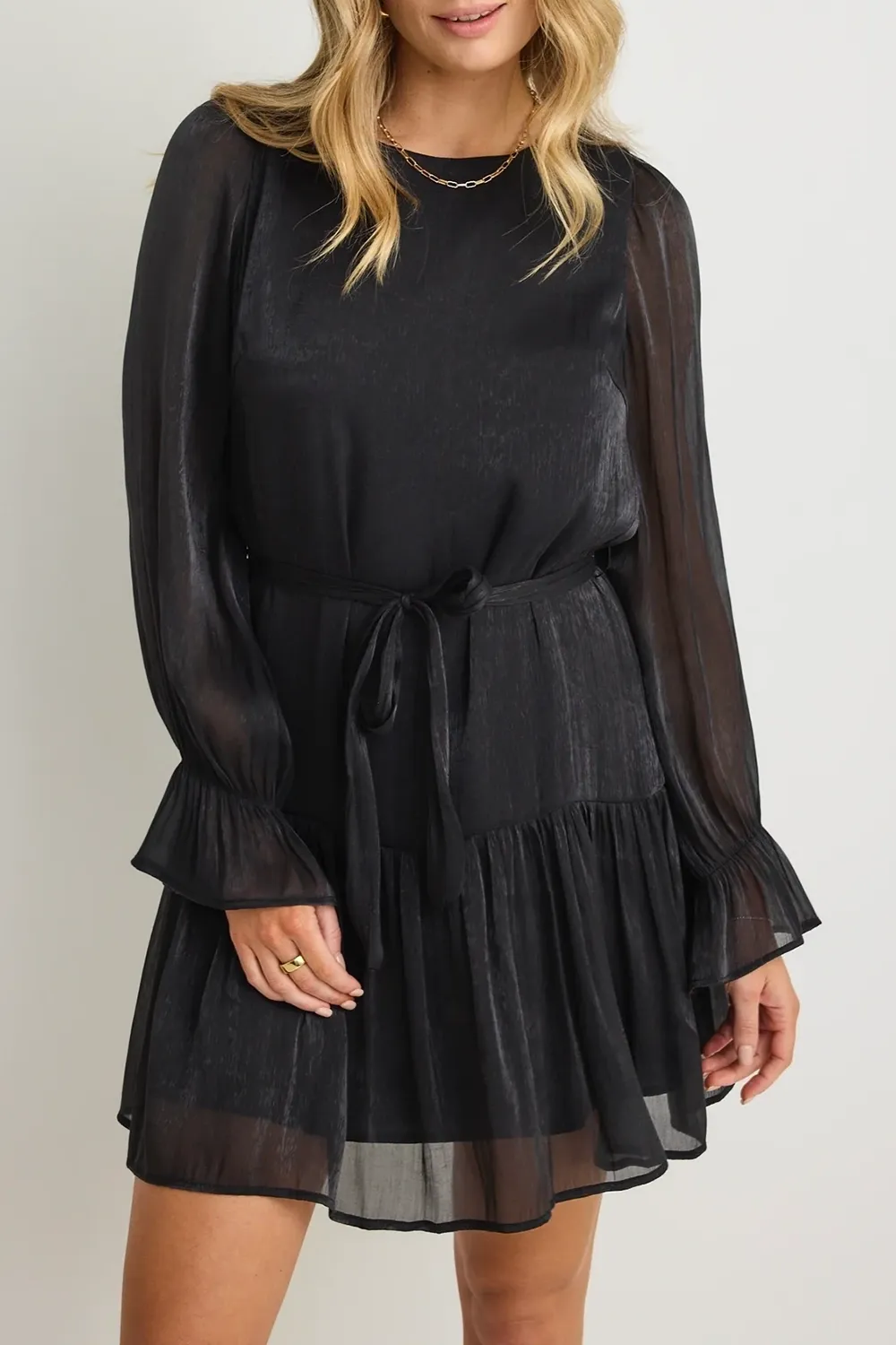 Black Chiffon Long - Sleeve Mini Dress