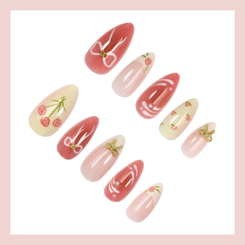 Nailhour 24Pcs Bow Gilded 3D Medium Almond French Press On Nails