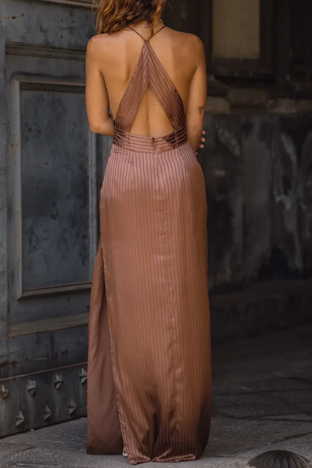 Mocha Striped Cutout Maxi Dress