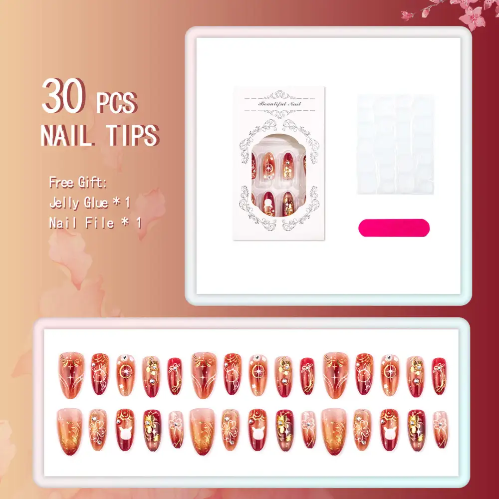 Nailhour 30Pcs Autumn Gilded Cat Eye Medium Almond Press On Nails
