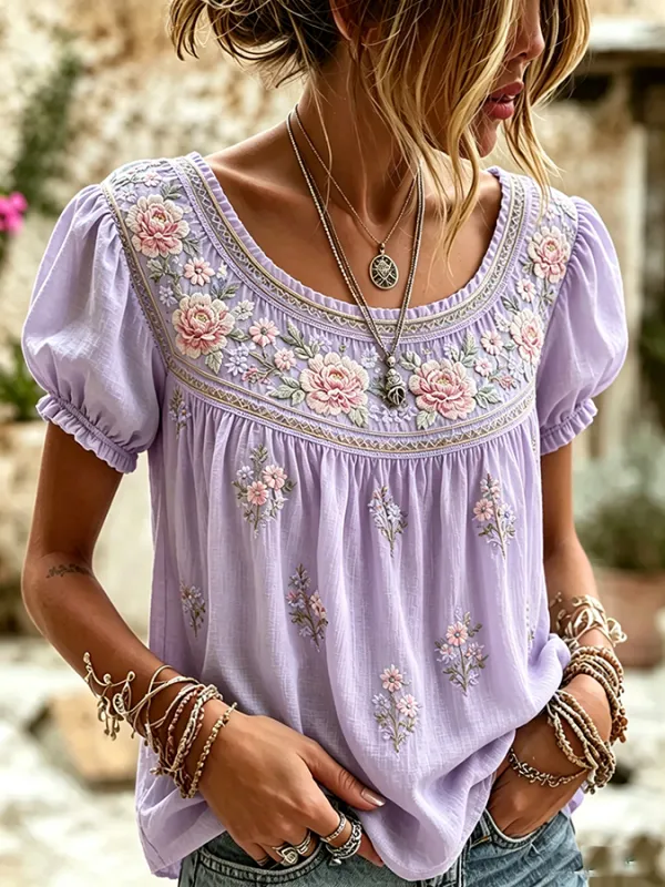 Women's Boho Floral Patchwork Embroidered Puff Sleeve Top