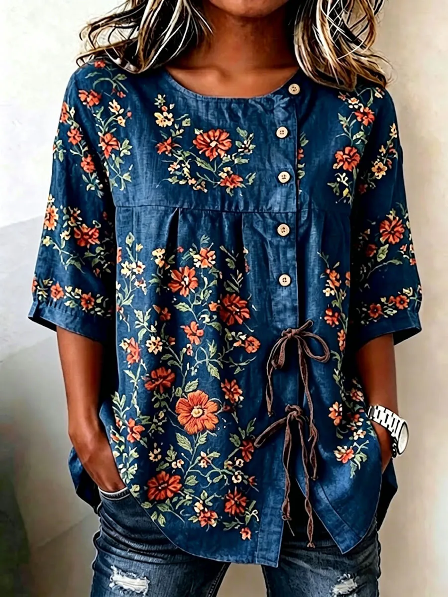 Women'S Casual Print Cotton Linen Print Top