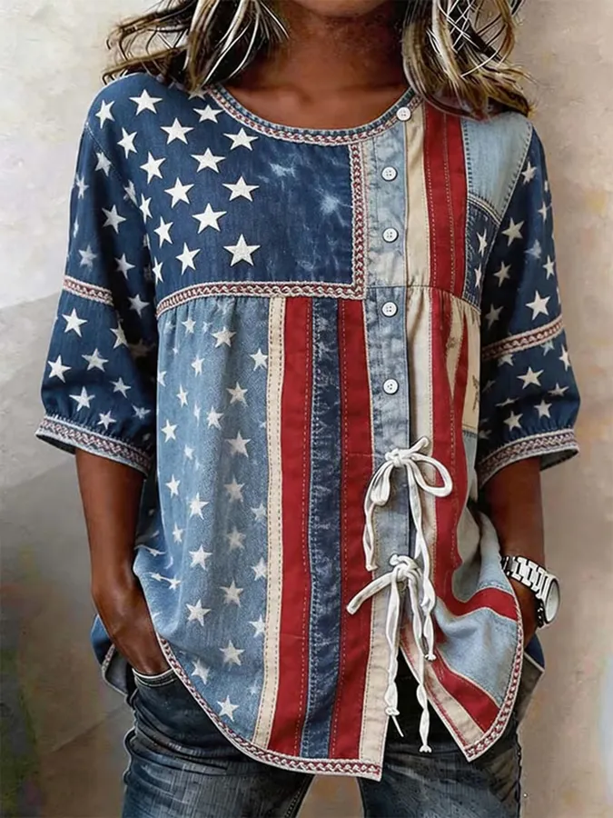 Women'S Independence Day Floral Printed Cotton And Linen Top