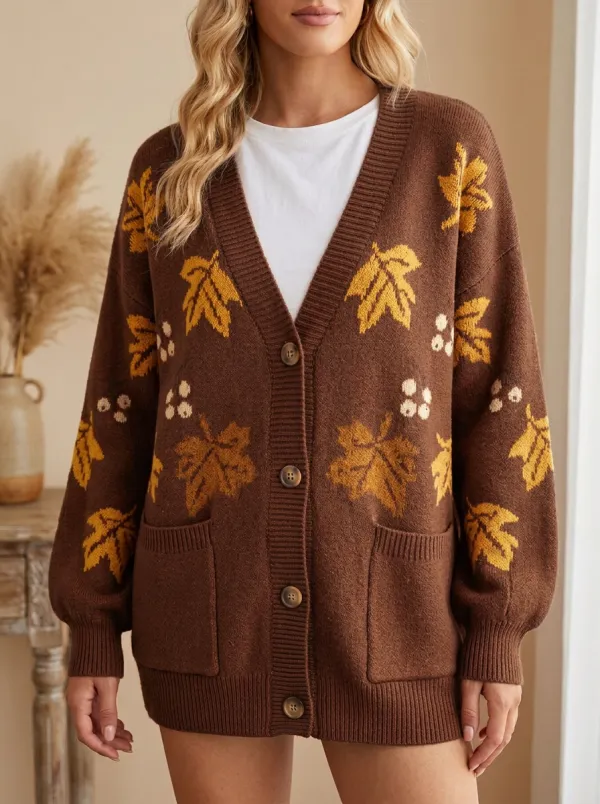 Maple Leaf Berry Patterned Women's Knit Cardigan