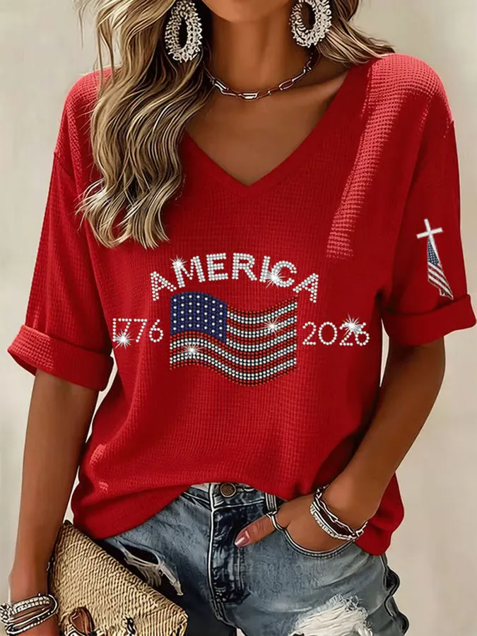 Ladies' American Flag Printed Casual Long Sleeve V-neck T-shirt