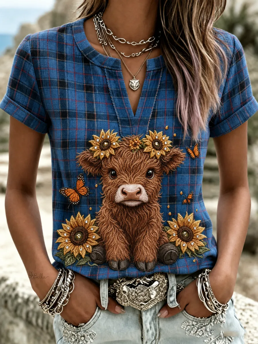 Women's Vintage Scottish Highland Cow Print cotton and linen Shirt