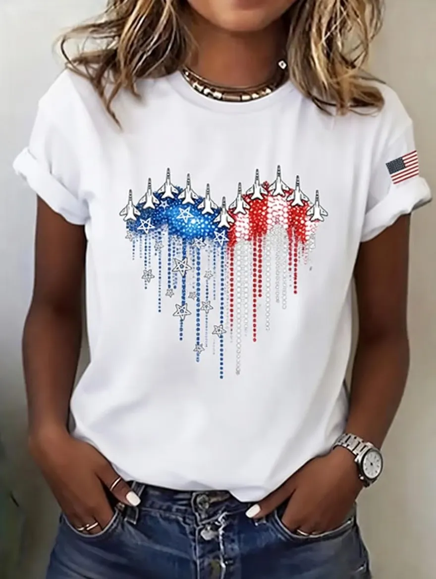 Women's casual round neck Patriot printed T-shirt