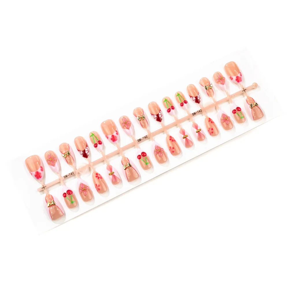 Nailhour 30Pcs Bow 3D Medium Almond French Cherry Press On Nails