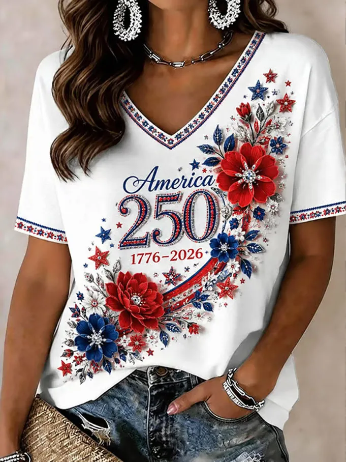 Women'S America Flag Print Casual V-Neck T-Shirt