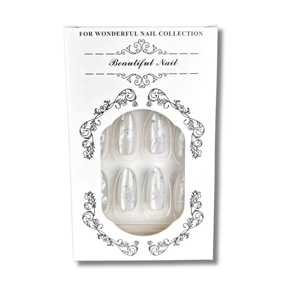 Nailhour 30Pcs White Cat Eye Gilded Medium Almond Cute Press On Nails