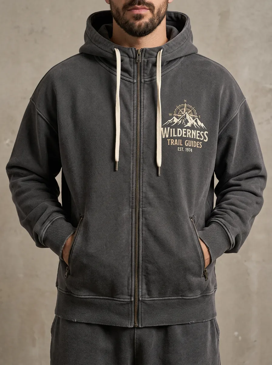Men's Graphic Zip-Up Hoodie Featuring Short Sleeves
