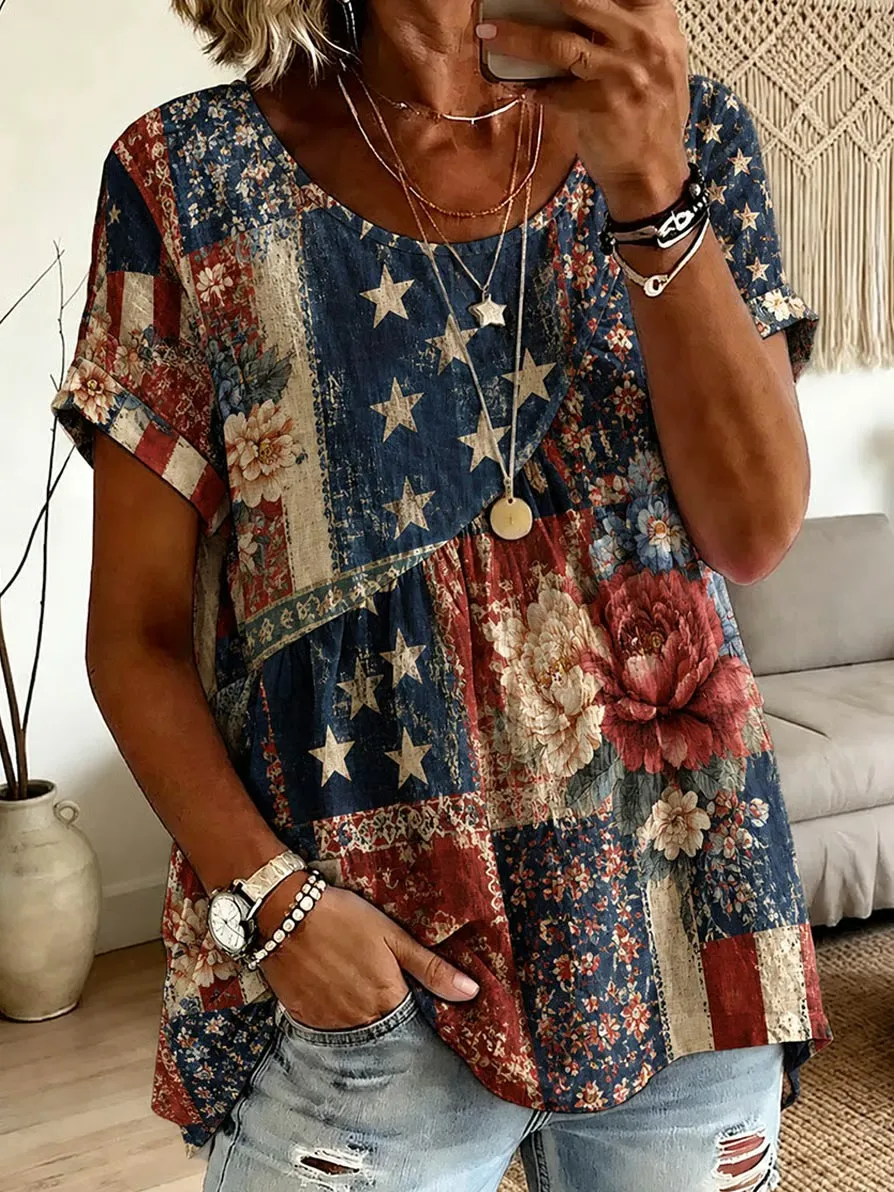 Women'S Casual Retro American Independence Day Print Casual Patriotic Print Loose Top