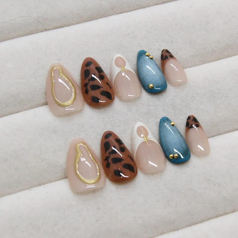 Nailhour 30Pcs Autumn Multicolor Gilded Medium Almond Press On Nails