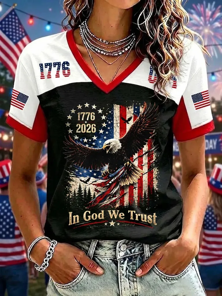 Women's Casual American Flag And Eagle Print T-Shirt