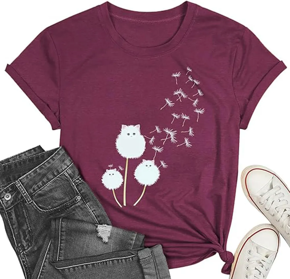 Cat Dandelion Print T-shirt