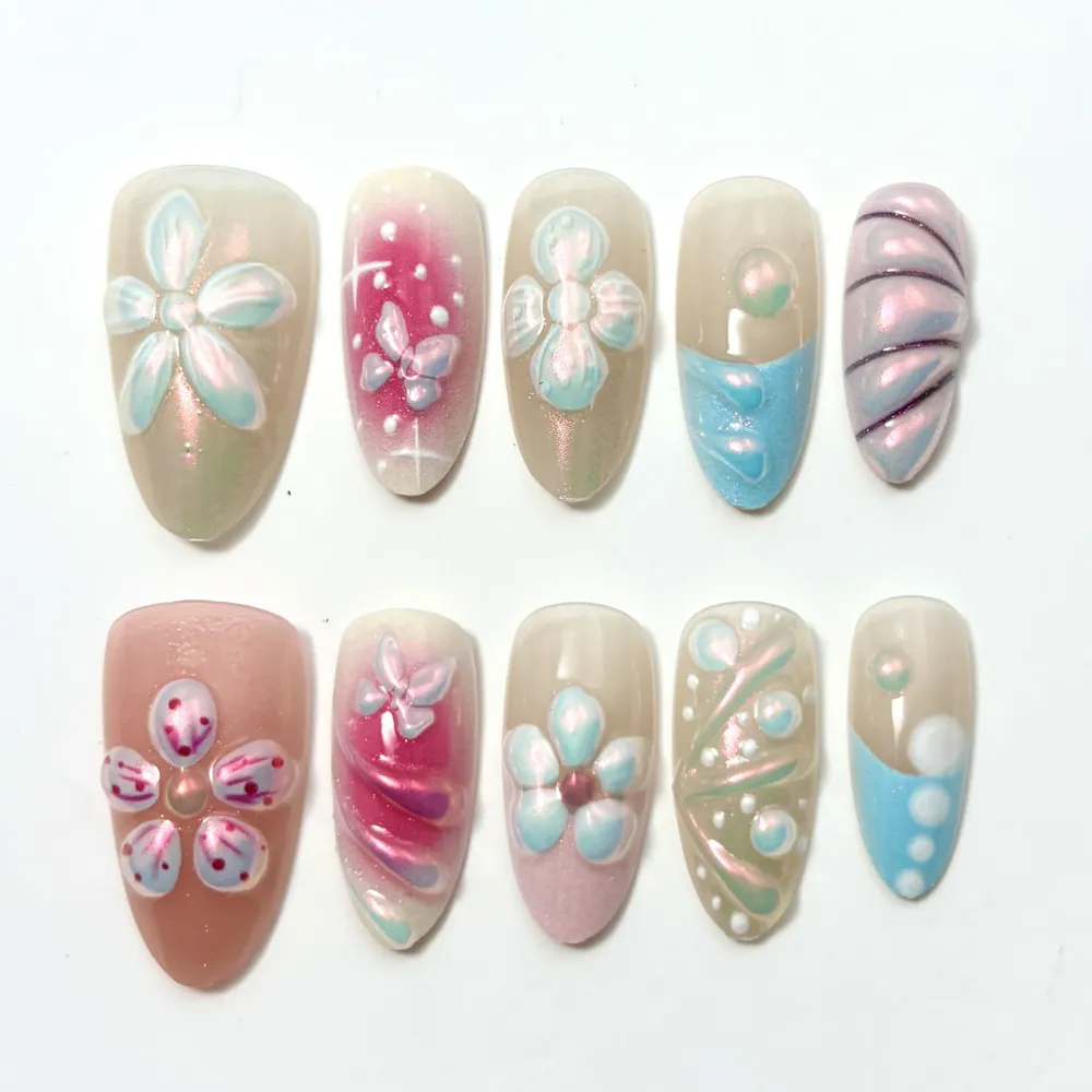 Nailhour 30Pcs Floral 3D Medium Almond Glitter French Press On Nails