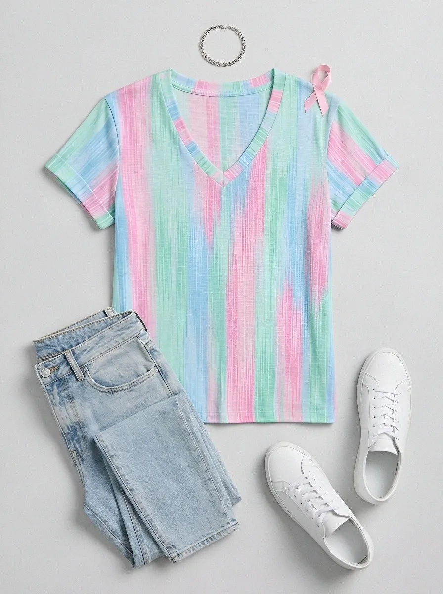 Women's Breast Cancer Awareness Pink Stripe Printed V-neck T-shirt