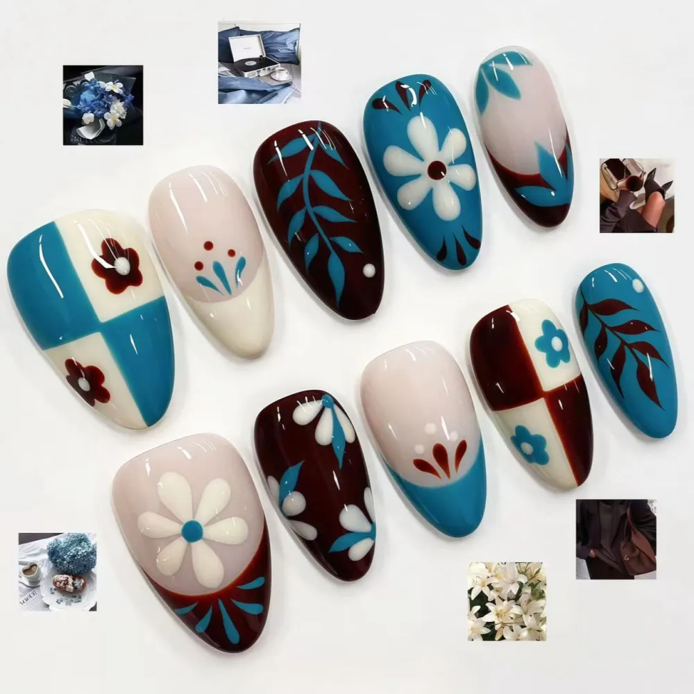 Nailhour 30Pcs Blue Floral Medium Almond Press On Nails