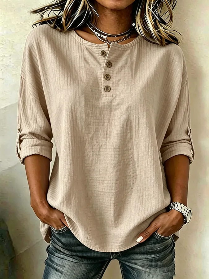 Women'S Casual Cotton And Linen 9-Quarter Sleeved Button Up Top