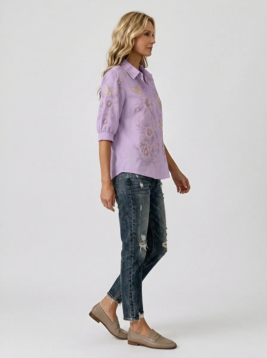 Women's Breast Cancer Awareness Butterfly Floral Beaded Printed Shirt