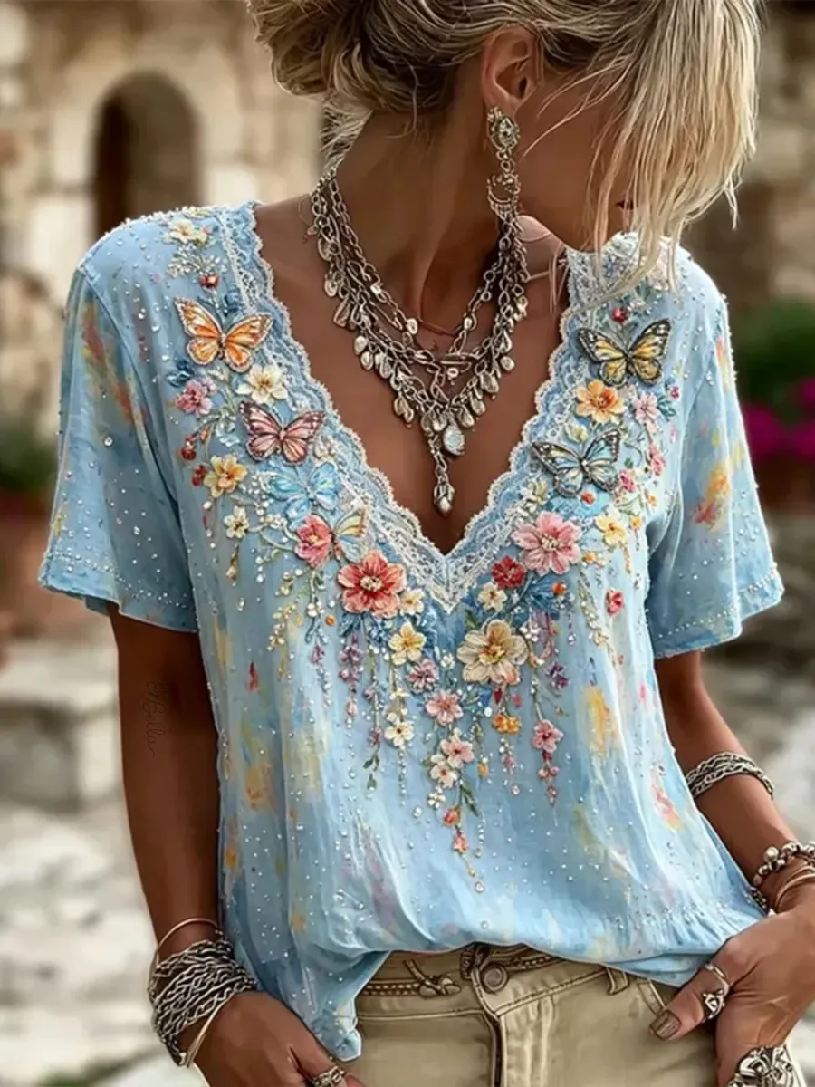 Women's Colorful Floral And Butterfly Art Embroidered Linen Blend Lace V-neck Short Sleeve Top