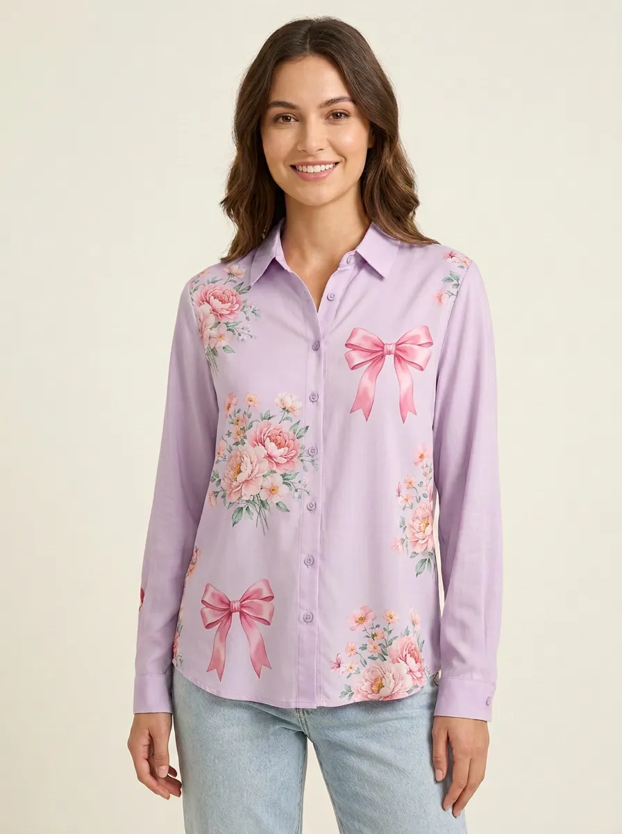 Women's Breast Cancer Awareness Floral Bow Printed Button-Down Shirt