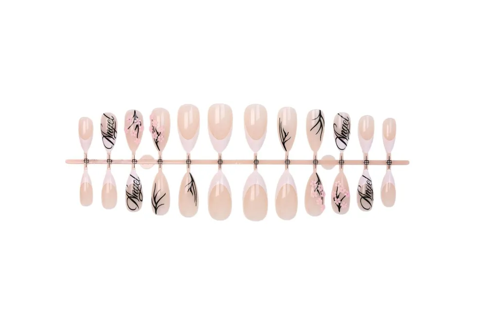 Nailhour 24Pcs Pink Cherry Blossom Medium Stiletto French Press On Nails