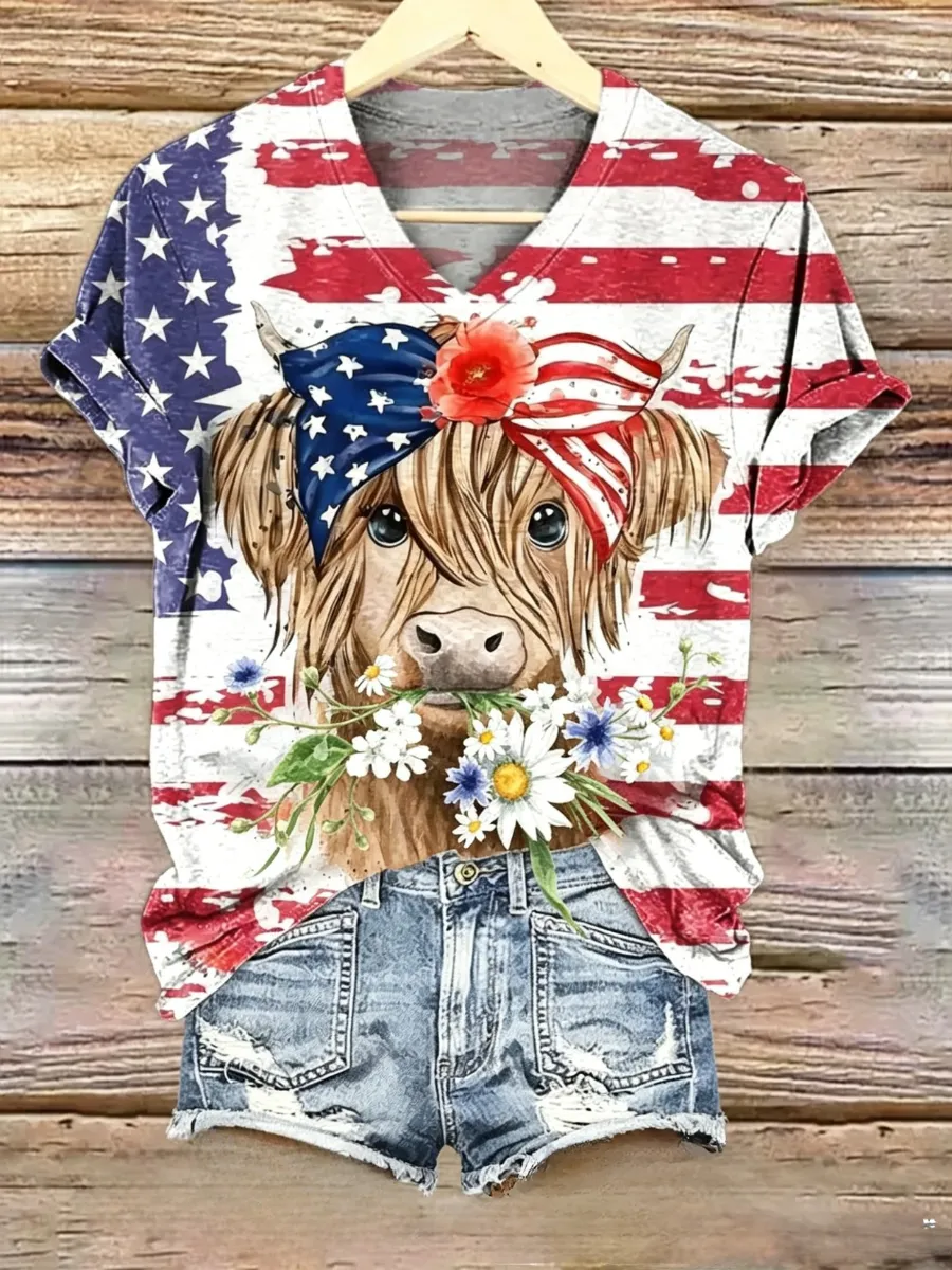 Women's retro Scottish Highland cattle print V-neck T-shirt