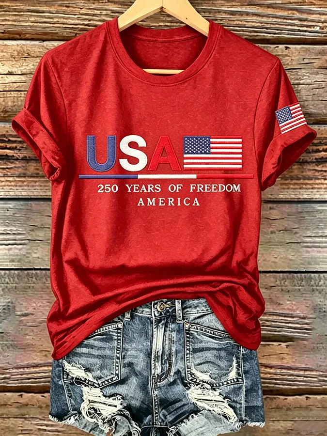 Embroidered Printed Round Neck Short Sleeved T-Shirt Commemorating The 250Th Anniversary Of The United States