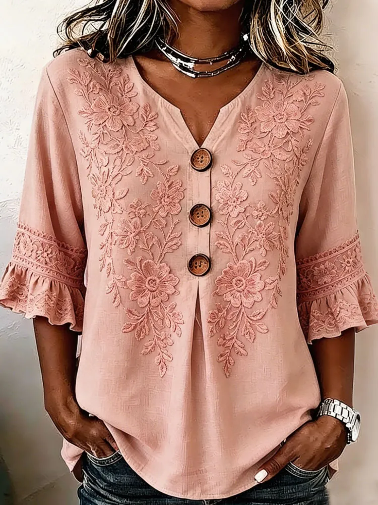 Vintage Floral Embroidery Design Women's Linen Shirt
