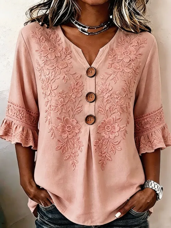 Vintage Floral Embroidery Design Women's Linen Shirt