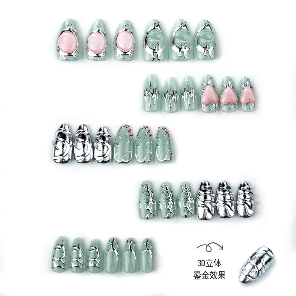 Nailhour 30Pcs Nude Cat Eye Chrome Medium Almond Press On Nails