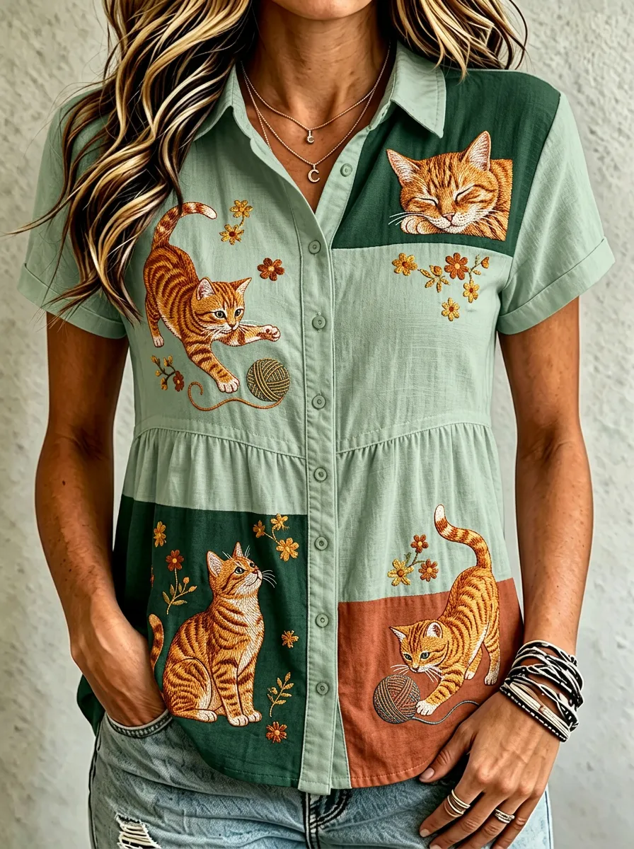 Women's Cat Lover Orange Tabby Playing Yarn Printed Cotton Linen Shirt