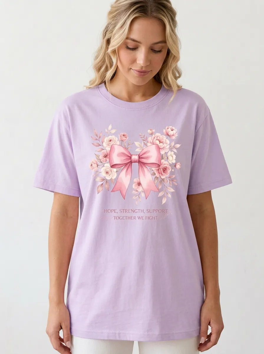 Women's Breast Cancer Awareness Floral Bow Printed T-shirt