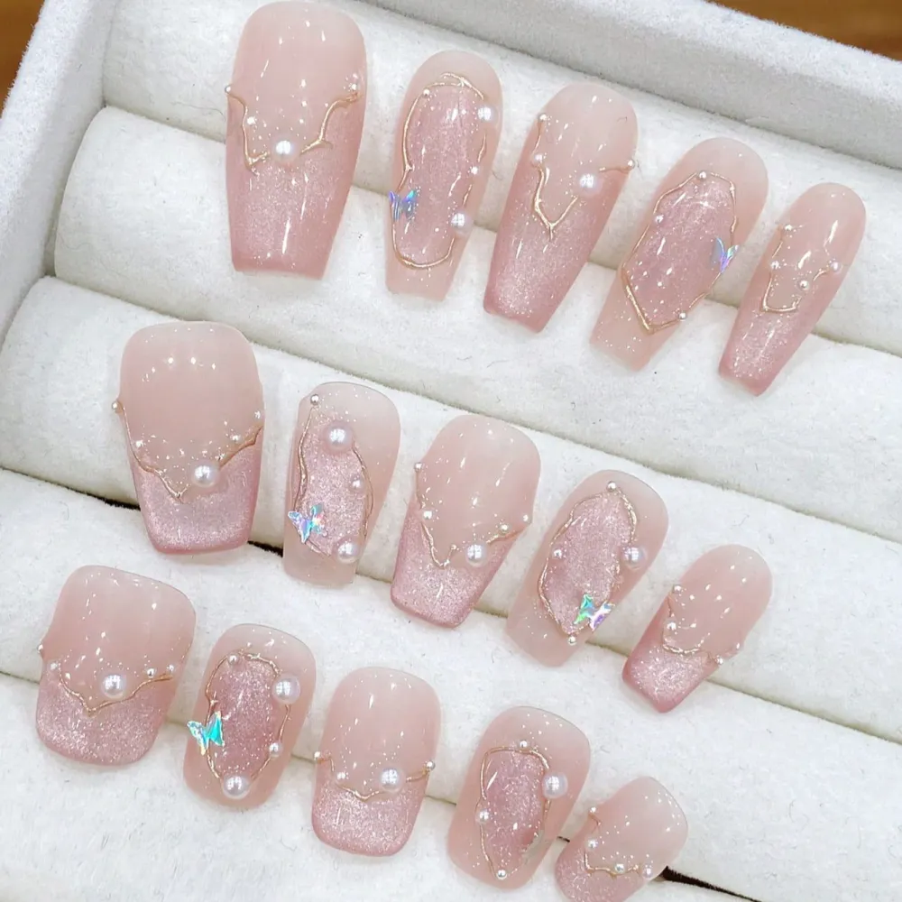 Nailhour 10Pcs Gilded French Glitter Pink Coffin Press On Nails