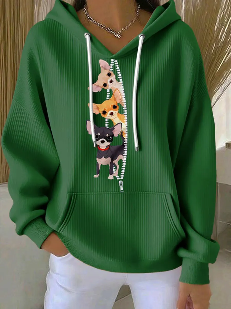 Cute Dogs Printed V-Neck Casual Hoodies