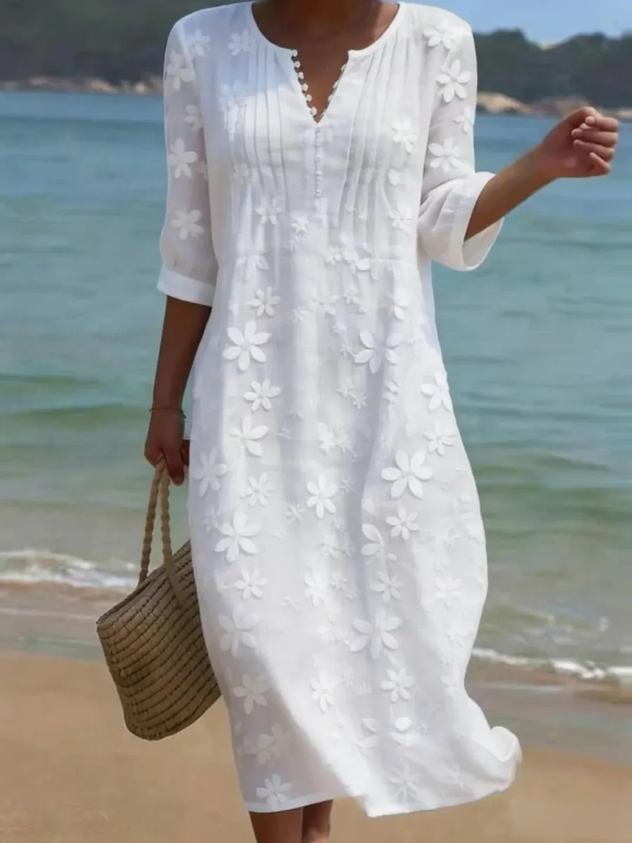 Women'S Casual Cotton Linen Plant Flower Art Printed Dress