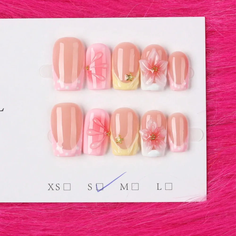 Nailhour 10Pcs French Y2K 3D Floral Handmade Medium Square Press On Nails