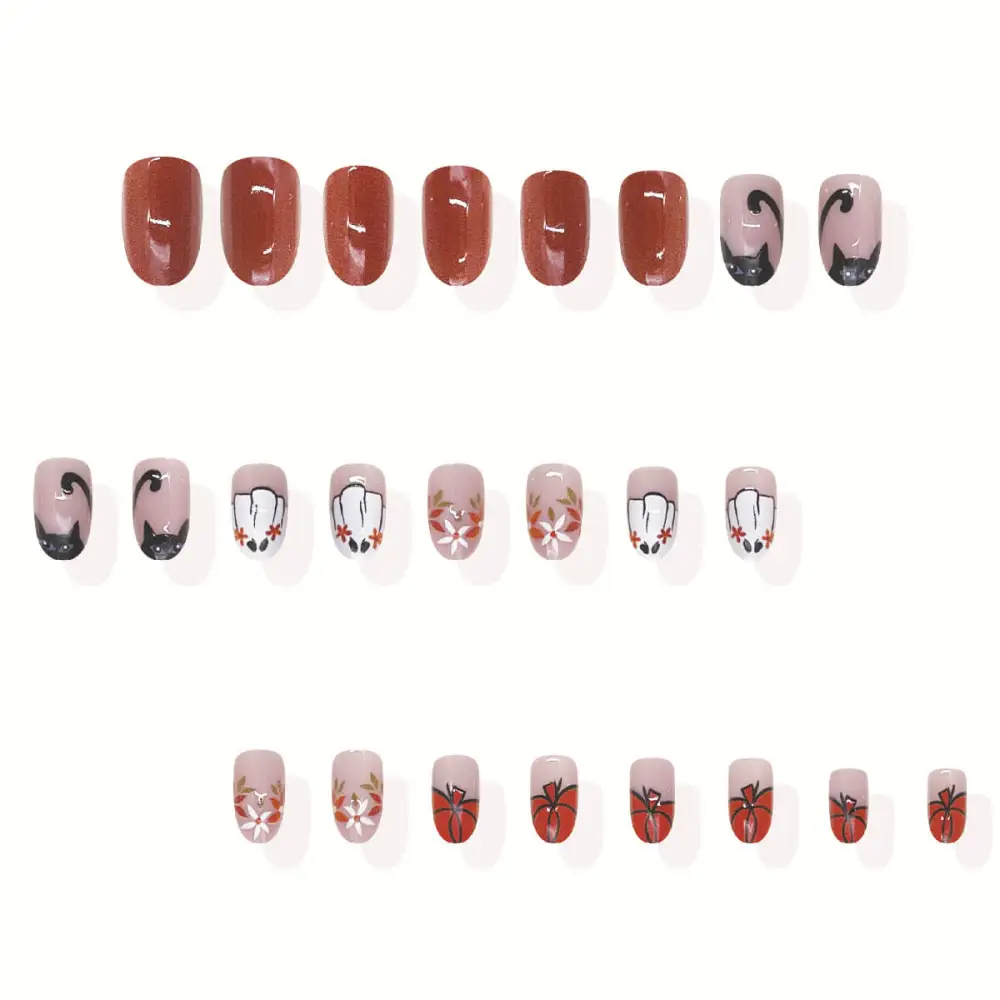 Nailhour 24Pcs Halloween Short Oval Cat & Floral Press On Nails