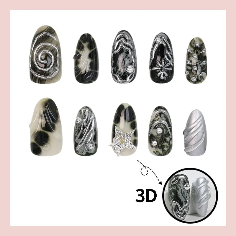 Nailhour 30Pcs Dark 3D Medium Almond French Gilded Press On Nails