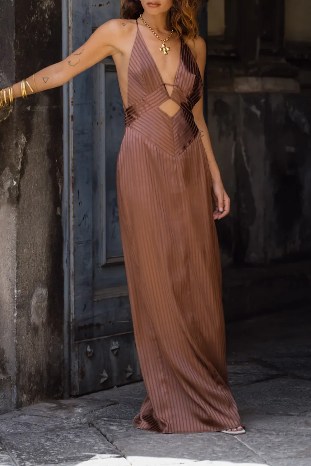 Mocha Striped Cutout Maxi Dress