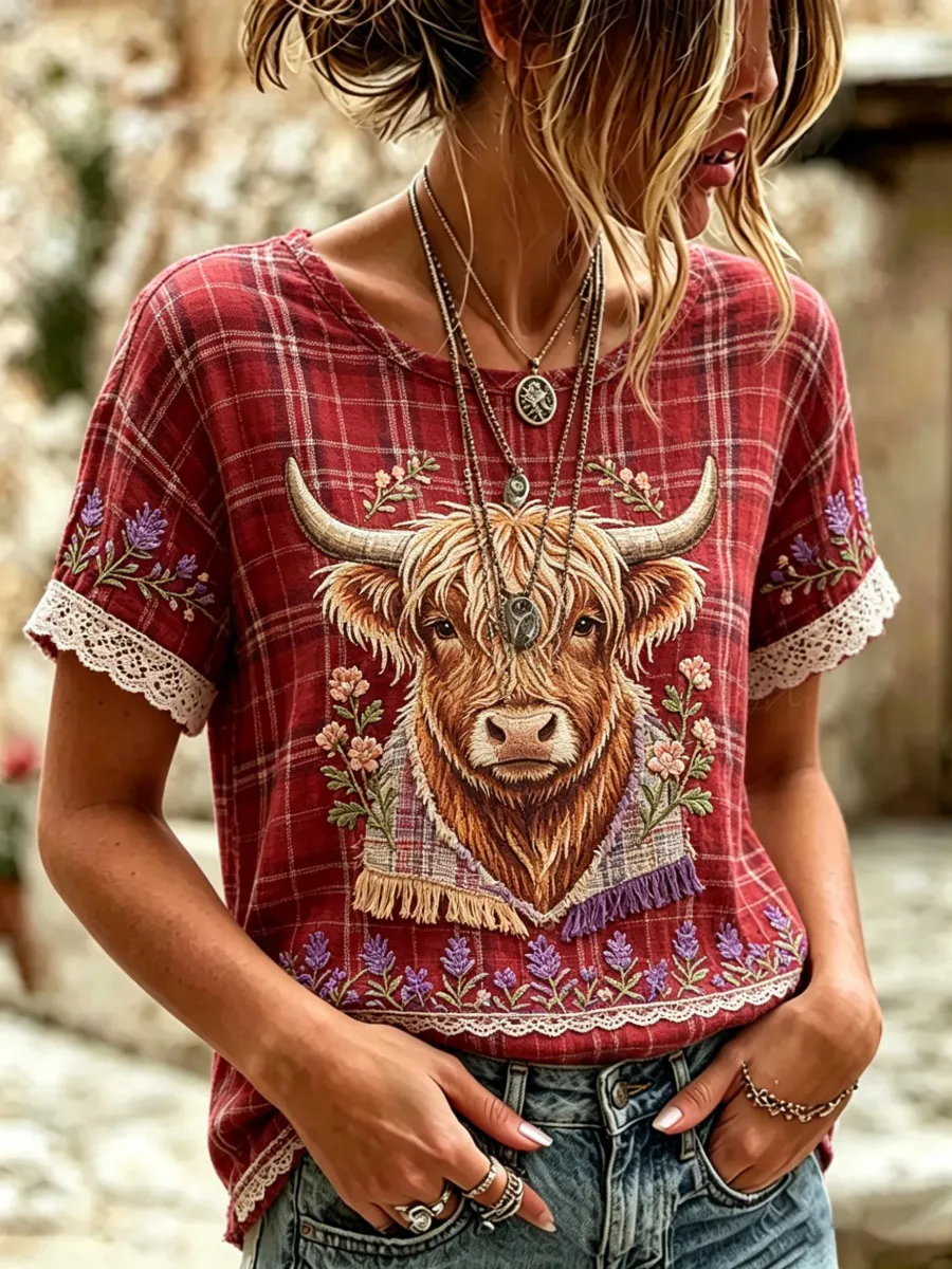 Scottish Highland Cattle Design Women's Cotton-Linen T-Shirt