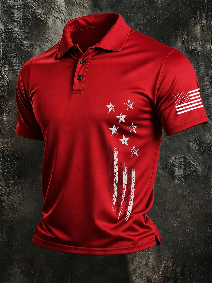 Men'S American Flag Print Casual Polo Shirt