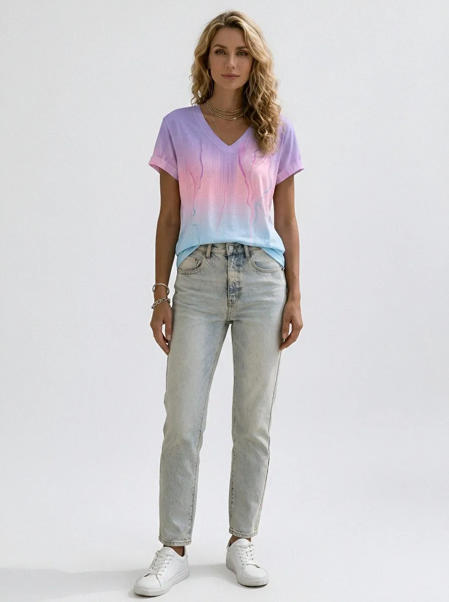 Women's Breast Cancer Awareness Pink Ribbon Gradient Printed V-neck T-shirt