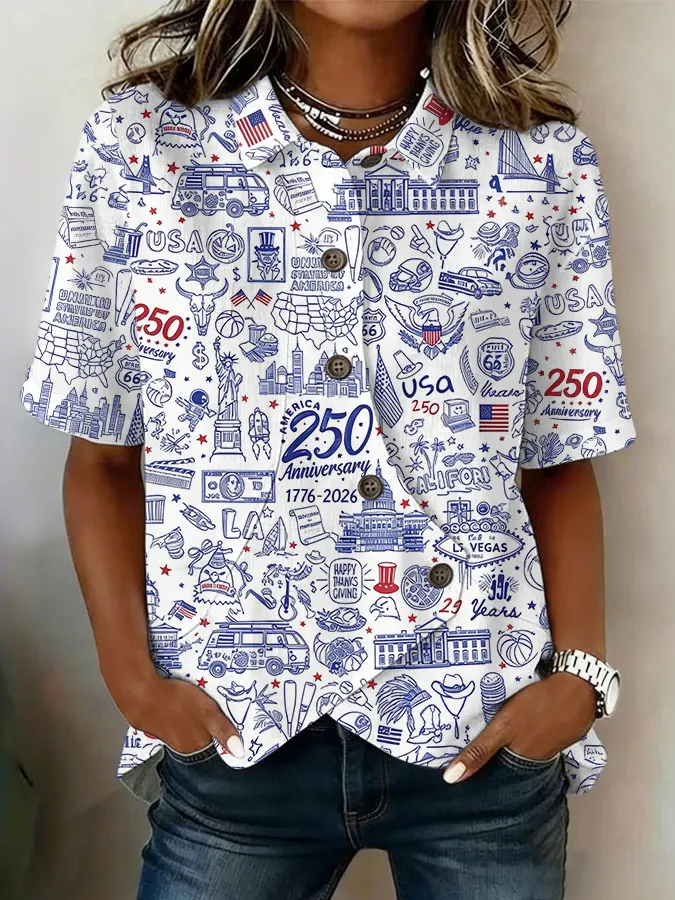 Women'S Cotton And Hemp American Independence Day Celebration Art Printed Casual Top