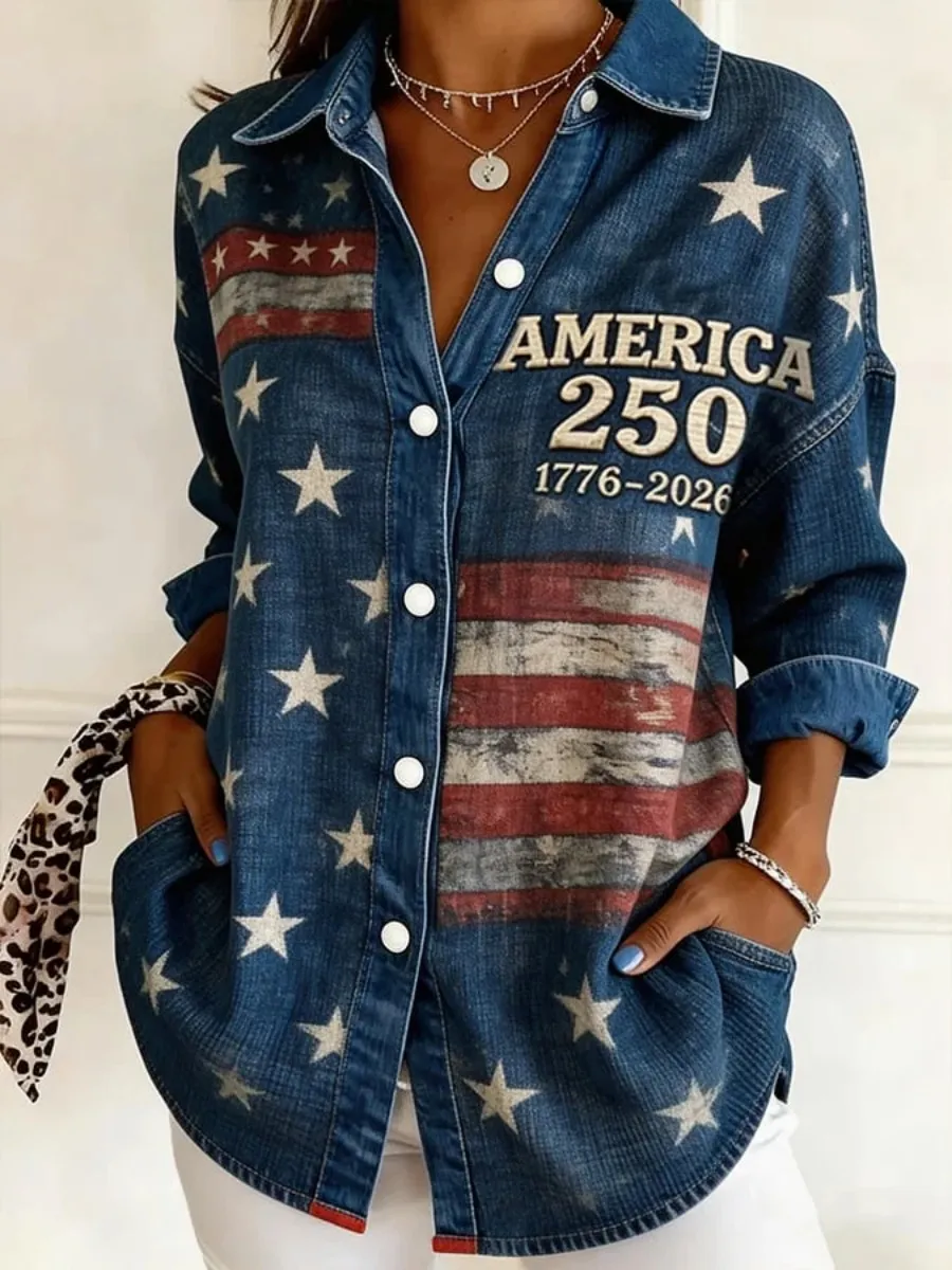 Retro 250th Anniversary Print Women's Denim Shirt