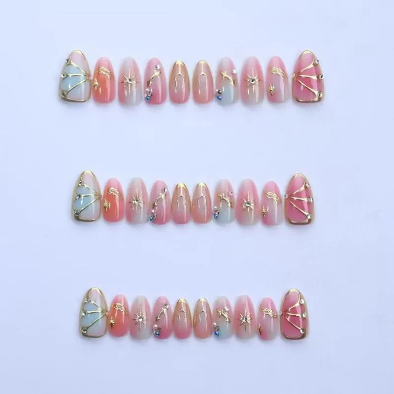Nailhour 30Pcs Gilded Butterfly Pearl Medium Almond French Press On Nails