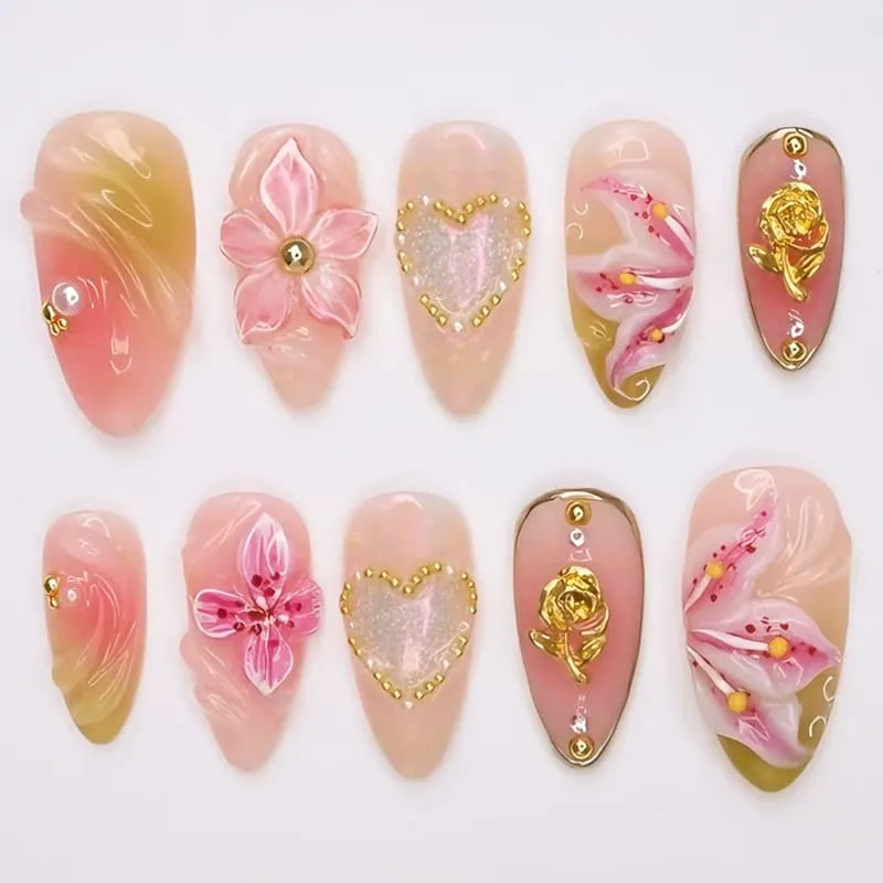 Nailhour 30Pcs Blending 3D Gilded Medium Almond French Press On Nails