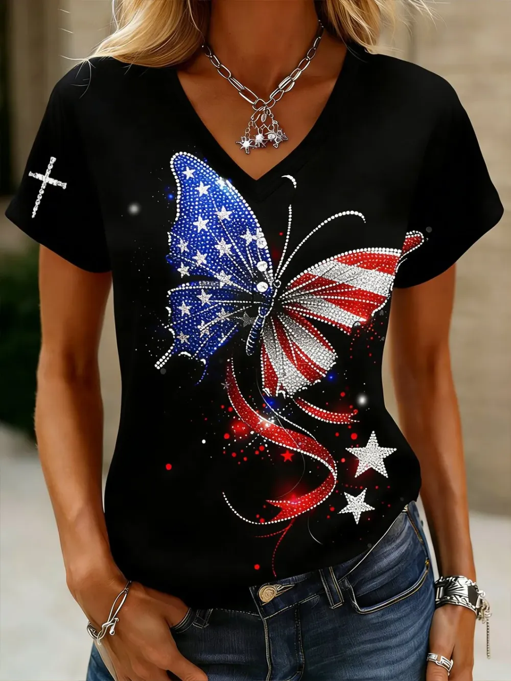 Women's American 250th Anniversary Printed V-Neck Top